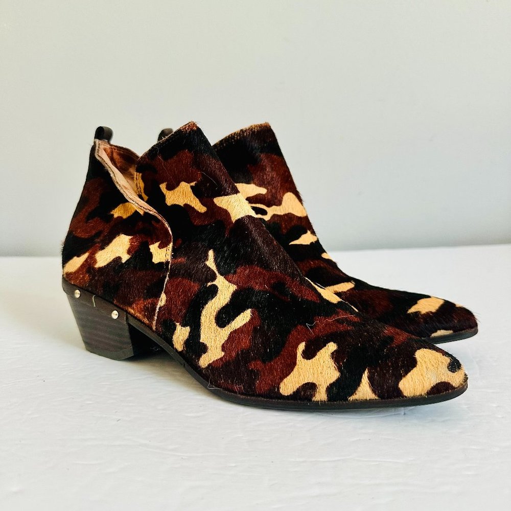 NINA ORIGINALS CALF HAIR STUDDED CAMO PULL ON ANKLE BOOTS BOOTIE